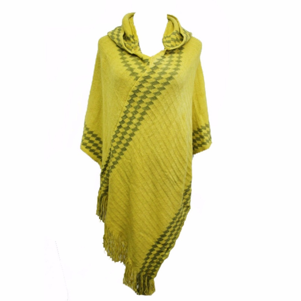 Mustard Diamond Pattern Hooded Fringe Poncho